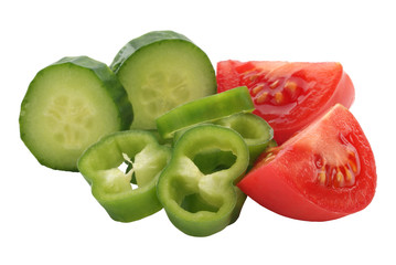 slice of  tomato, paprika and cucumber on white background