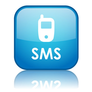 Square "SMS" button with reflection (blue)