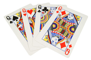 four queen playing cards isolated on white background