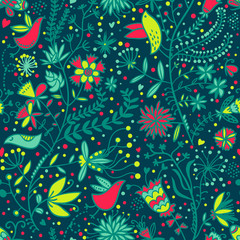 Floral seamless pattern with cartoon birds