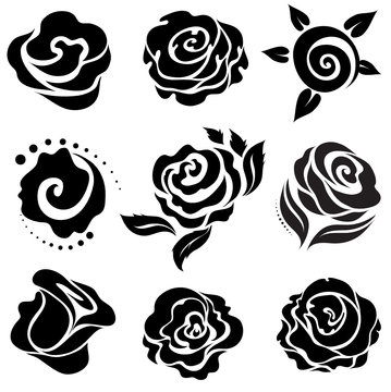 Set of black rose flower design elements