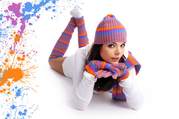 Winter fashion girl over abstract round modern design background