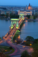 Illuminated chain bridge at night, St. Stephen Basilica