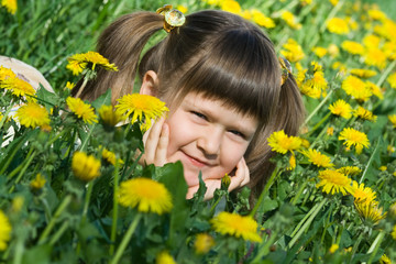 Little cute girl is lying on the dandelion meadow