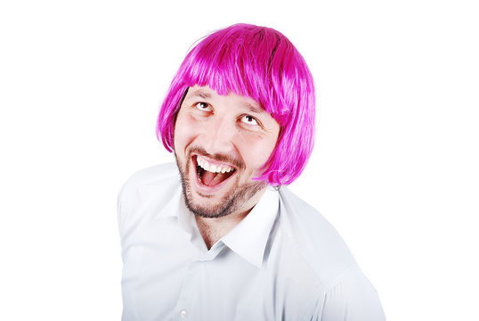 Funny male with periwig on head
