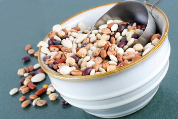 A bowl of dried soup beans with a scoop.