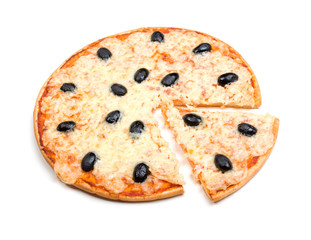 Pizza  with the cut off slice .Isolated