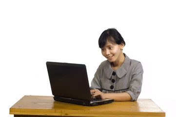 Business Woman Using Laptop on White Background and Smiling