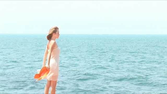 Beautiful girl against the sea.