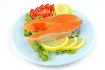 salmon steak on blue dish