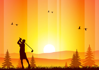 Playing golf at sunset
