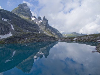 reflection in a lake in the swiss mountains
