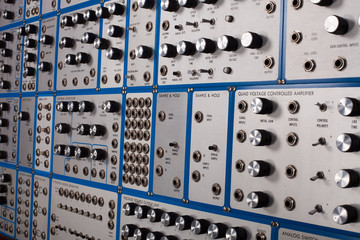 Vintage modular synthesizer - patch panel closeup