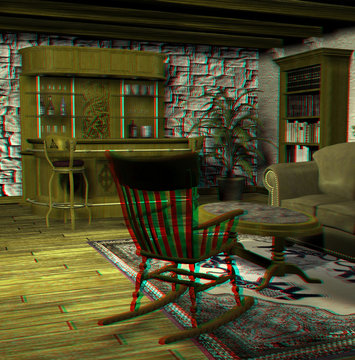 anaglyph image of living room. with red-blue specs you see 3D
