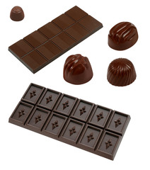 Chocolate in bars and candies with clipping path
