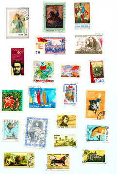 Diverse and colorful vintage postage stamps