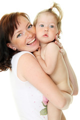 Picture of happy mother with baby over white