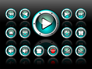 Vector shiny button set for musical theme on a dark background.
