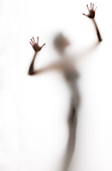 abstract, elongated, semi-obscured figure with arms raised - obrazy, fototapety, plakaty