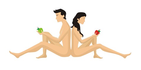 Eve and Adam to eat of the forbidden fruit on a white background - obrazy, fototapety, plakaty