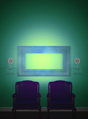 Two chairs with empty frame and sconces near blue wall