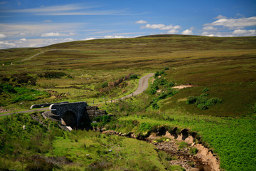 Moorland landscape showing a bridge and country road