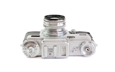 Vintage 35mm film rangefinder camera top view isolated
