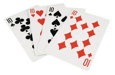 four ten playing cards isolated on white background