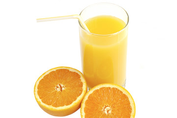 Glass of orange juice with slices of fresh orange isolated over