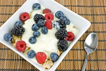 A bowl of cereal with fresh berries