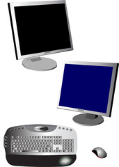 computer keyboard and monitors