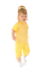 Walking girl in yellow shirt and pants
