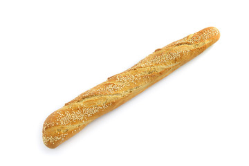 Baguette de pain aux graines de sésame sur fond blanc