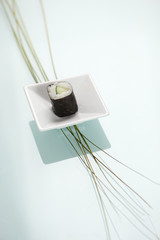 Sushi dans une petite assiette sur fond blanc