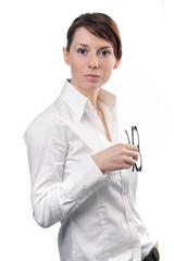 Long Haired Business Woman holding Eyeglasses