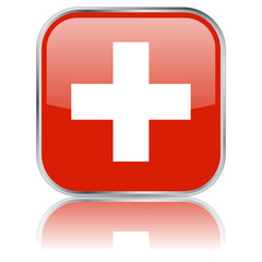Square button with Swiss Flag with reflection