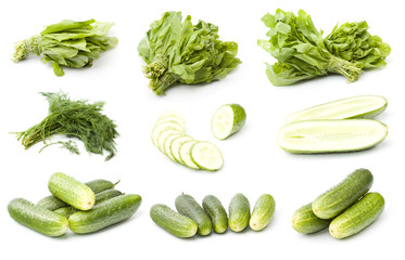 Set of green vegetables isolated on the white background