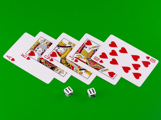 The dice and playing cards-"royal flesh" on green broadcloth.
