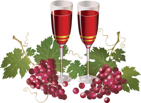 Glasses with wine and red grapes
