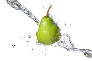 Fototapeta na wymiar green pear with water splash isolated on white