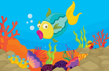 Plakat underwater coral reef scene with sea life