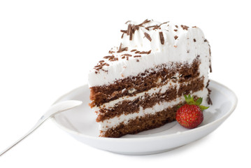 A piece of cake with strawberries on a white background