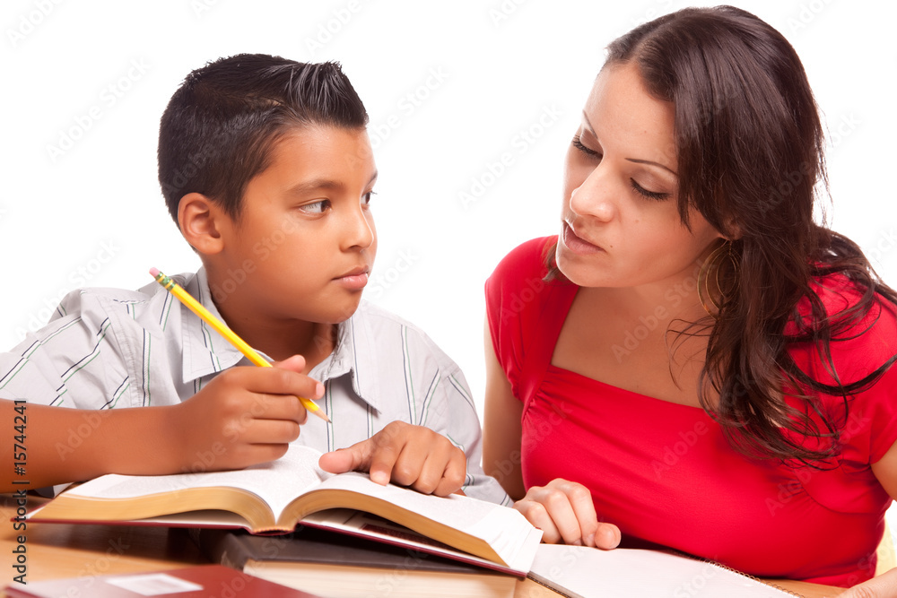 Wall mural attractive hispanic mother and son studying