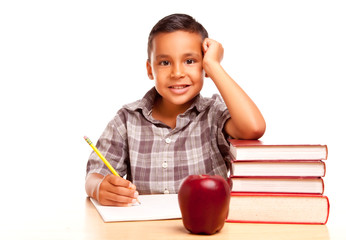 Adorable Hispanic Boy with Books, Apple, Pencil and Paper