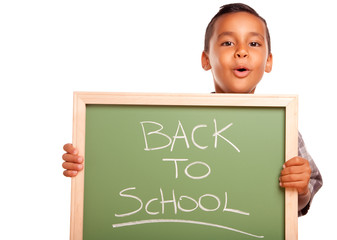 Cute Hispanic Boy Holding Chalkboard with Back to School