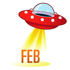 February calendar month icon on retro flying saucer UFO