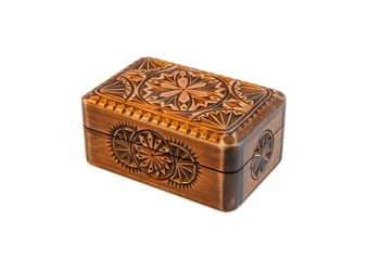 Closed carved wooden casket isolated