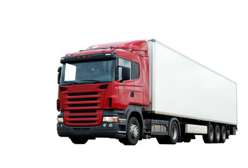 Fototapeta na wymiar czerwony samochód ciężarowy z przyczepą biały izolowane