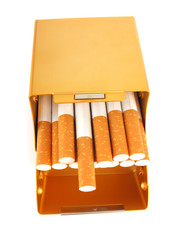 Cigarettes in golden metal pack box