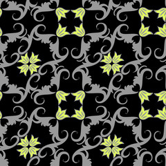 Seamless black ornament pattern with yellow flowers